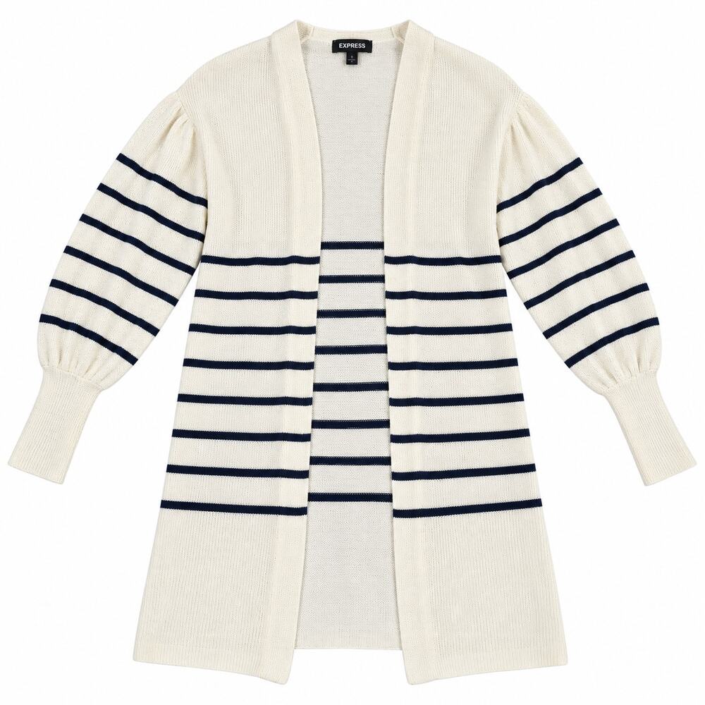 Express Striped Long Cardigan | Coastal Chic Puff Sleeve Open Front Knit EUC